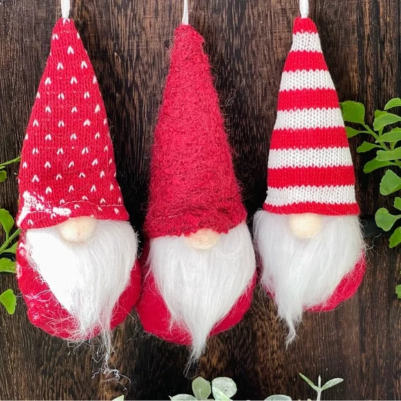 GNOME ornaments 3 RED HAT GNOMES Year round FESTIVE gift tags place setting - Picture 2 of 5